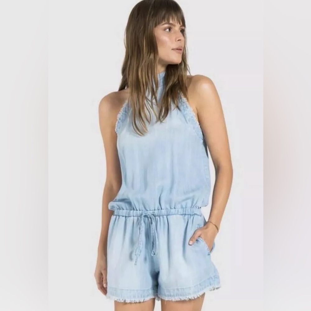 CLOTH & STONE ZIP BACK FRAYED ROMPER CHAMBRAY LAGUNA BLUE SIZE XS